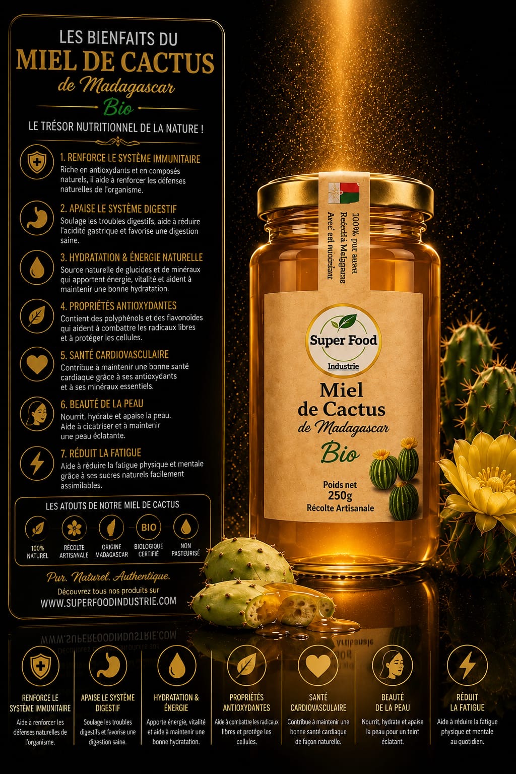 Miel de Cactus Bio de Madagascar – Puissance Sauvage par Superfoodindustrie (250g)