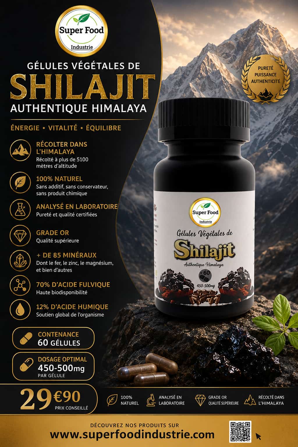 Shilajit Pur de l'Himalaya – 60 Gélules | Qualité Premium & Naturelle
