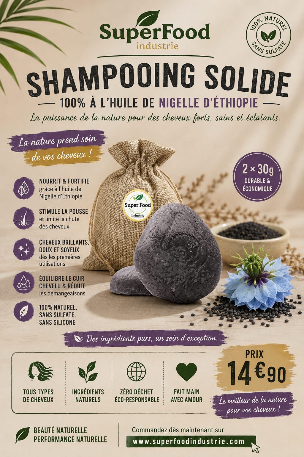 Shampoing Solide Purifiant – Huile & Graines de Nigelle
